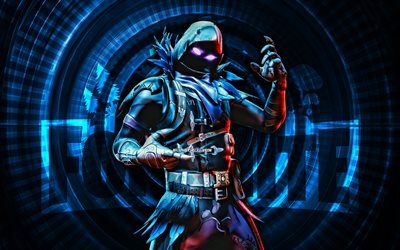 raven fortnite, 4k, fond en spirale bleu, fortnite, créatif, peau de corbeau, peau de corbeau de fortnite, corbeau, personnages fortnite
