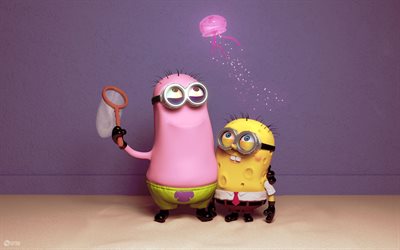 funny characters, minions, jellyfish, Minions, scoop-net