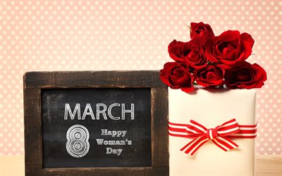 feliz dia da mulher, presente, rosas vermelhas, 8 de março, primavera, dia internacional da mulher