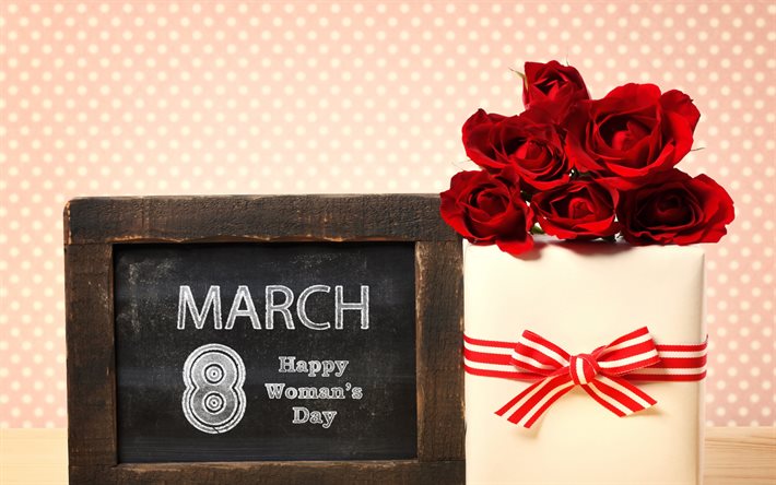 glad kvinnodag, present, röda rosor, 8 mars, vår, internationella kvinnodagen