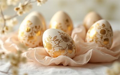 Easter eggs with golden ornaments, 4K, Easter concepts, Happy Easter, Easter eggs, golden floral ornaments, Easter decorations, Easter greeting card