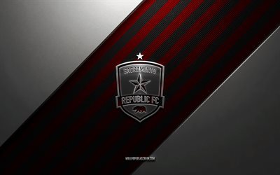 Sacramento Republic FC logo, 4k, steel background, American soccer club, red black lines, Sacramento Republic FC emblem, USL, soccer player, Sacramento Republic FC, USA, Sacramento Republic FC metal logo