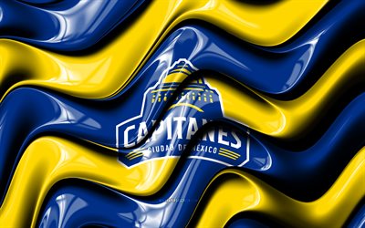 logotipo 3d de capitanes de la ciudad de méxico, 4k, ondas 3d amarillas azules, liga nba g, baloncesto, bandera de capitanes de la ciudad de méxico, logotipo de capitanes de la ciudad de méxico, emblema de capitanes de la ciudad de méxico, capitanes de la ciudad de méxico
