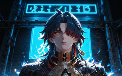 blad, 4k, blå neonskyltar, mörker, honkai star rail, gata, anime karaktärer, manga, honkai star rail karaktärer, stellaron hunters, blade honkai star rail