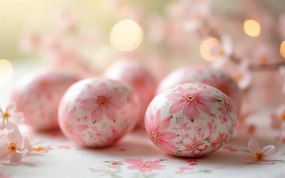 Easter eggs with pink ornaments, 4k, Happy Easter, floral ornaments on Easter eggs, Easter concepts, Easter eggs, Easter greeting card, pink Easter eggs, Easter