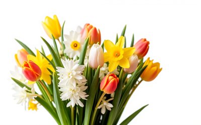 Spring bouquet, 4K, white background, tulips, daffodils, spring, yellow tulips, red tulips, bouquet of multicolored flowers