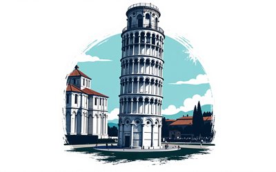4k, पीसा की झुकी मीनार, सफेद पृष्ठभूमि, वेक्टर कला, पीसा की मीनार, टी शर्ट कला, पीसा मील का पत्थर, पीसा की मीनार टी शर्ट कला, रचनात्मक कला, पीसा, इटली