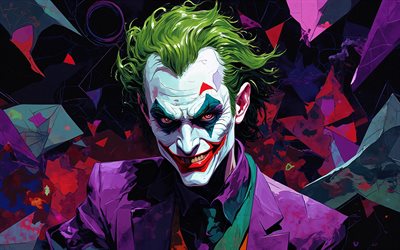 4k, joker souriant, oeuvre d'art, fond géométrique violet, super vilain, joker, art abstrait, joker 4k, créatif, art du joker