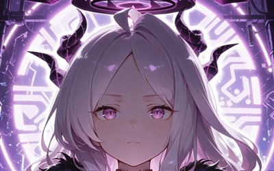 4k, Sorasaki Hina, purple neon rings, manga, Blue Archive, purple abstract background, Blue Archive characters, Hina Sorasaki, artwork, Sorasaki Hina Blue Archive