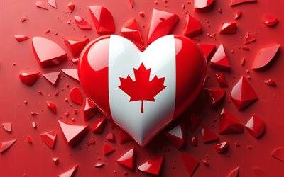 4k, أنا أحب كندا, خلفية حمراء ثلاثية الأبعاد, مبدع, يوم كندا, علم كندا, قلب مع العلم الكندي, عمل فني, قلوب ثلاثية الأبعاد, العلم الكندي, كندا, الحب لكندا