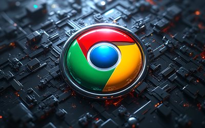 4k, google chrome metalllogo, kreativ, schwarzer high tech hintergrund, dunkelheit, marken, drähte, google chrome 3d logo, internetbrowser, google chrome logo, google chrome