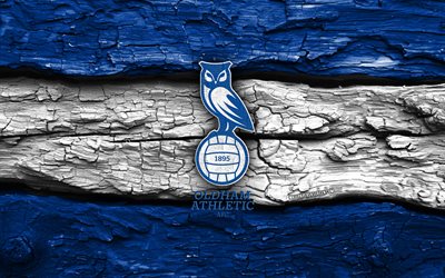 logotipo de madera del oldham athletic, 4k, fondo de madera blanco azul, liga dos, fútbol, logotipo del oldham athletic, fútbol americano, emblema del oldham athletic, atlético de oldham, club de fútbol inglés, oldham athletic fc
