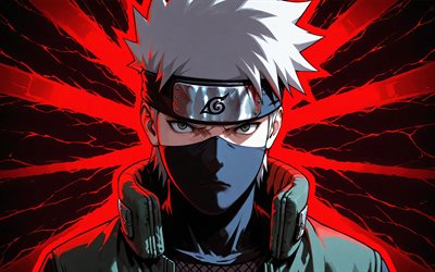 하타케 카카시, 4k, 붉은 추상 광선, 어둠, 나루토, 사륜안, 삽화, 만화, 나루토 캐릭터, 하타케 카카시 나루토