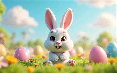 coniglietto di pasqua, 4k, buona pasqua, coniglio bianco birichino, uova di pasqua, paesaggio primaverile, coniglio nell'erba, concetti di pasqua, animali carini, pasqua