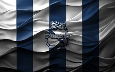 4k, logotipo del club puebla, fondo azul blanco 3d, emblema del club puebla, liga mx, equipo de futbol mexicano, puebla fc, bandera del club puebla, textura 3d, club puebla, fútbol americano, puebla, méxico