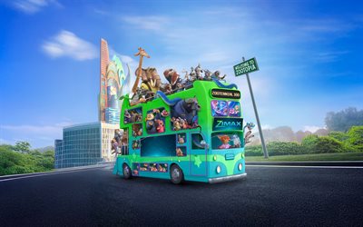 zootopia 2, 4k, bus mit tieren, film 2025, kreativ, zootopia 2 logo, zootopia 2 kunst