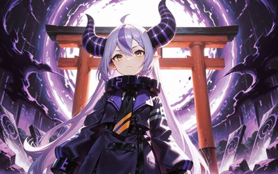 4k, 라플러스, 도리이 게이트, 가상 유튜버, 홀로라이브, 보라색 추상적 인 배경, 토리이, 브이튜버, 어둠, 라 다크니스, 만화, 라플러스 채널, 라플러스 가상 유튜버