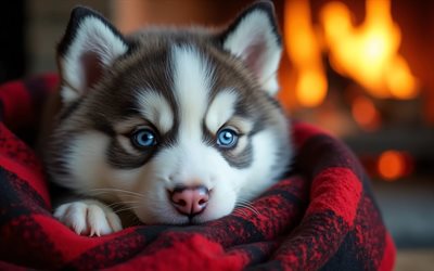 cachorro de husky siberiano, 4k, bokeh, ojos azules, hogar, animales lindos, manta a cuadros, de cerca, cachorros, perros, bozal, husky siberiano, mascotas, fornido, perro en manta, perro husky siberiano
