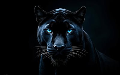 pantteri pimeässä, 4k, pantteri sinisillä silmillä, saalistajat, musta pantteri, saalistajat näyttävät, pantterit, kaunis pantteri, villi kissa