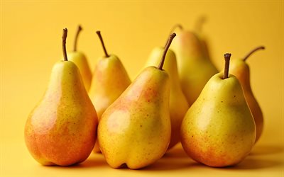 peras maduras, 4k, frutas, peras amarillas, hermosas peras, frutas maduras, peras de granja, peras premium, peras maduras amarillas, peras