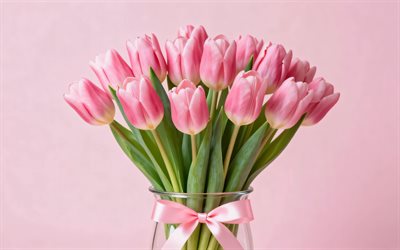 الزنبق الوردي, 4k, تقليلية, مزهرية زجاجية, خلفية وردية, زهور الربيع, باقة من زهور التوليب, زهور جميلة, القوس الوردي, ربيع, الخلفية مع زهور التوليب, الزهور الوردية, زهور التوليب