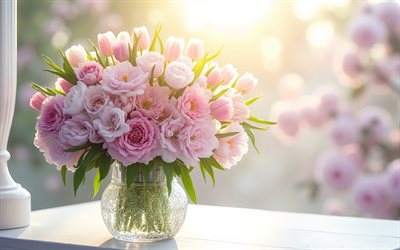 bukett rosa pioner, 4k, vårrosa blommor, en bukett i en kristallvas, rosa pioner, rosa rosor, pioner, rosor