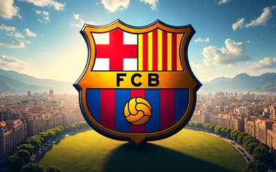 fc barcelonas logotyp, 4k, fc barcelonas emblem, katalansk fotbollsklubb, barcelona stadsbild, fc barcelona, katalonien, fotboll, barcelona logotyp, barcelona emblem, barcelona