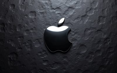 apple chrom logo, 4k, schwarzer wandhintergrund, apple metalllogo, apple 3d logo, apple zeichen, apfelsymbol, apple emblem, apple logo, apfel