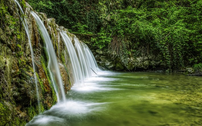 waterfall, cliff, lake, forest, Italy, Mondrago, Veneto