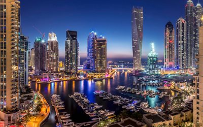 gratte-ciel à Dubaï, Émirats Arabes Unis, baie, bateau