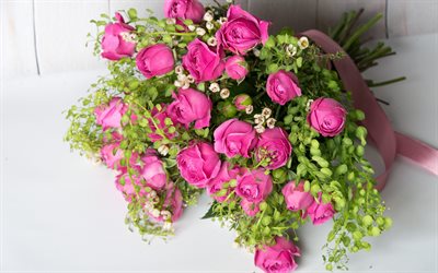 rosas cor de rosa, buquê de flores, rosas, flores cor de rosa