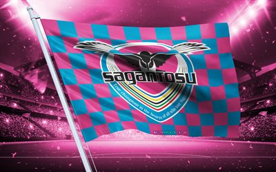 4k, sagan tosu logotyp, japansk fotbollsklubb, stadionflagga, sagan tosu fans flagga, rosa blå flagga, sagan tosu emblem, j2  liga, japan, fotboll, sagan tosu