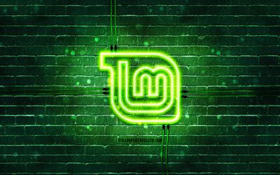 Linux Mint green neon logo, 4K, OS brands, green brickwall, creative, Linux Mint, logo, artwork, Linux Mint neon logo, OS logo, Linux