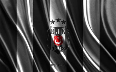 4k, besiktas logosu, süper lig, siyah beyaz ipek dokusu, besiktas bayrağı, türk futbol takımı, futbol, ipek bayrağı, besiktas amblemi, türkiye, besiktas rozeti, besiktas, besiktas jk