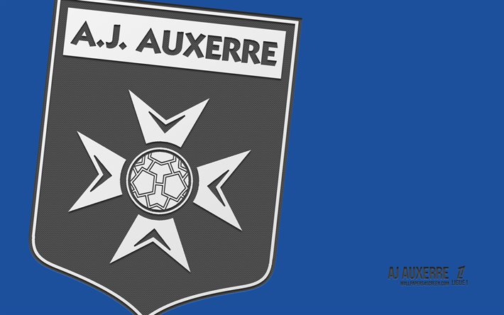 aj auxerre logo, 4k, fond bleu, carbone, usl, aj auxerre emblem, club de football français, ligue 1, france, auxerre fc, football, aj auxerre, auxerre