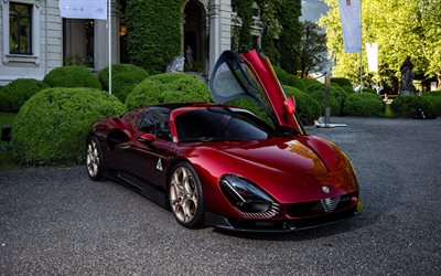 alfa romeo 33 stradale, 4k, portes ouvertes, 2025 voitures, parking, supercars, hypercars, 2025 alfa romeo 33 stradale, voitures italiennes, alfa romeo