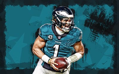 4k, Jalen Hurts, turquoise grunge background, Philadelphia Eagles, NFL, USA, American football players, American football, Jalen Hurts 4K, National Football League, Jalen Hurts Philadelphia Eagles