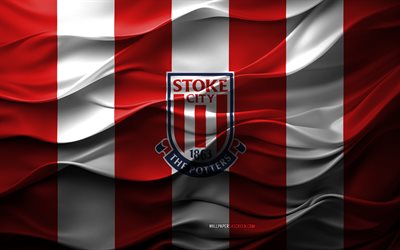 4k, Stoke City FC logo, red white 3d background, Championship, Stoke City FC emblem, English football team, Stoke City FC flag, 3d texture, England, Stoke City FC, football, soccer, Stoke City