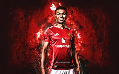 casemiro, manchester united fc, calciatore brasiliano, sfondo di pietra rossa, grunge art, calcio, man united, premier league, inghilterra, carlos henrique casimiro, casemiro manchester united