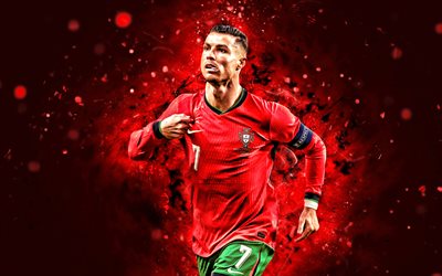 4k, cristiano ronaldo, kırmızı soyut arka plan, portekiz ulusal futbol takımı, uefa, portekizli futbolcular, cristiano ronaldo 4k, futbol, milli takımlar, kırmızı neon işıklar, cr7, cristiano ronaldo portekiz takımı