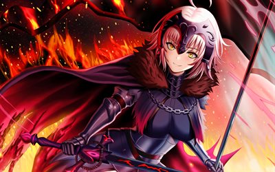 joan d'arc, 4k, flammes de feu, fate grand ordre, guerrier, lune, bataille, épée, fate grand order personnages, manga, joan alter, destin apocryphe