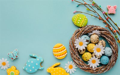 Easter eggs in a nest, blue background, Easter baking, Easter cookies, spring, Happy Easter, spring flowers, Easter