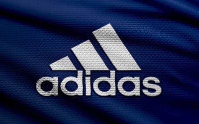Adidas fabric logo, 4k, fashion brands, bokeh, blue fabric background, Adidas logo, brands logo, Adidas, brands