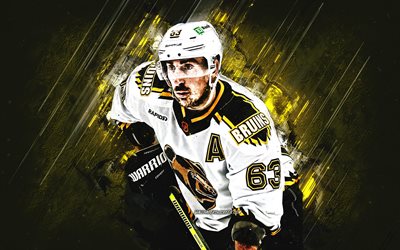 Brad Marchand, Boston Bruins, Canadian hockey player, NHL, yellow stone background, grunge art, USA, hockey, Brad Marchand Boston Bruins