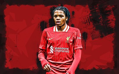 4k, Rio Ngumoha, red grunge background, Liverpool FC, Premier League, English footballers, Rio Ngumoha 4K, football, soccer, LFC, Rio Ngumoha Liverpool