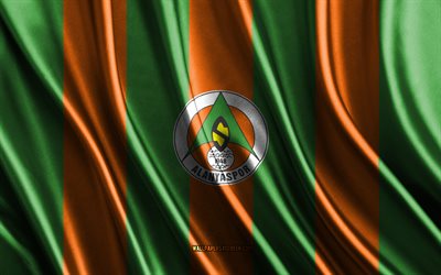 4k, logo alanyaspor, super lig, texture de soie verte orange, drapeau d'alanyaspor, équipe de football turque, football, drapeau en soie, emblème d'alanyaspor, turquie, badge alanyaspor, alanyaspor