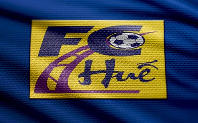 hue fc  kangaslogo, 4k, sininen kangas tausta, v liiga 2, bokeh, jalkapallo, hue fc  logo, hue fc  merkki, sävy fc, vietnamin jalkapalloseura, fc  sävy
