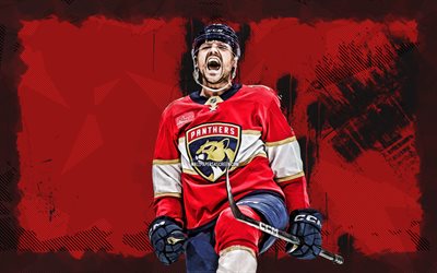 4k, sam reinhart, fondo grune rojo, panteras de florida, nhl, jugadores de hockey estadounidenses, sam reinhart 4k, hockey, liga nacional de hockey, sam reinhart florida panthers
