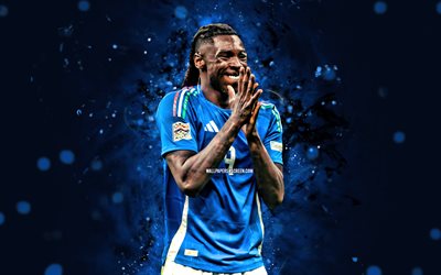 moise kean, 4k, mavi neon işıklar, italya ulusal futbol takımı, italyan futbolcular, moise kean 4k, futbol, milli takımlar, moise kean italya ekibi, azzurri