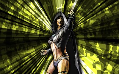 4k, DVorah, Mortal Kombat, yellow rays background, MKM, abstract art, Mortal Kombat Mobile, DVorah MKM, Mortal Kombat characters, Mortal Kombat X, DVorah Mortal Kombat, creative art